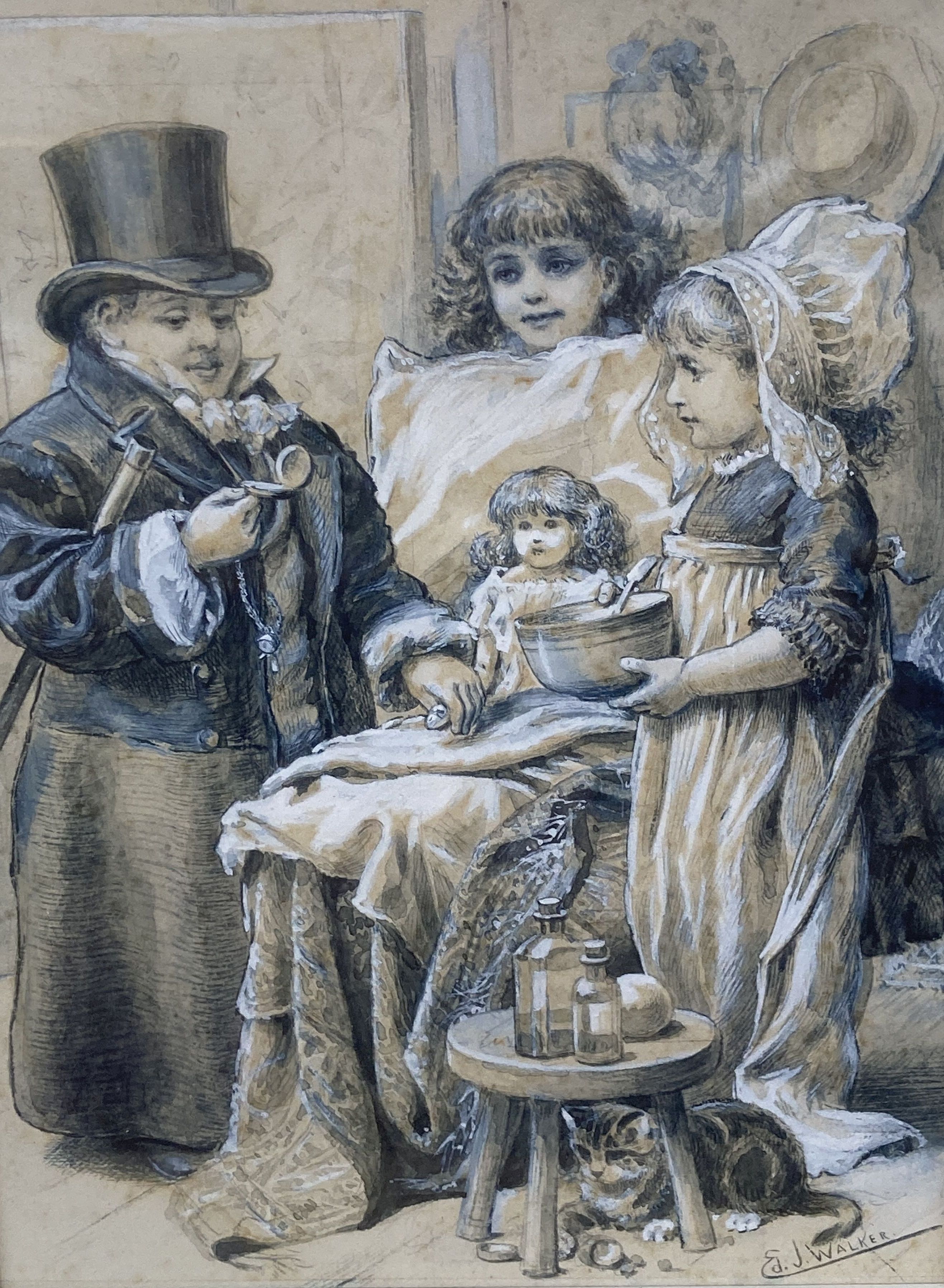 Edward J Walker (1879-1955), ink and wash, Children playing a doctor and patient, signed, 18 x 14cm